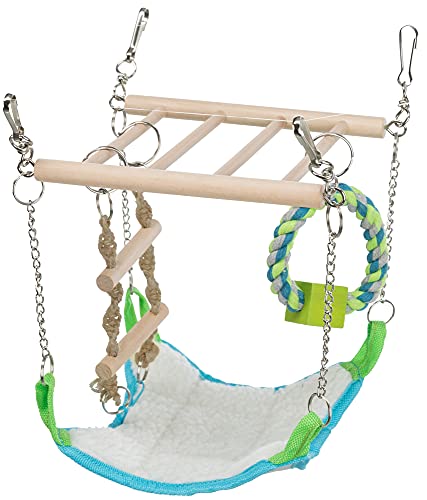 TRIXIE Small Animal Suspension Bridge with Hammock, Rope Ladder, and Ring, Cage Accessory for Ferrets, Rats - 1 - Green