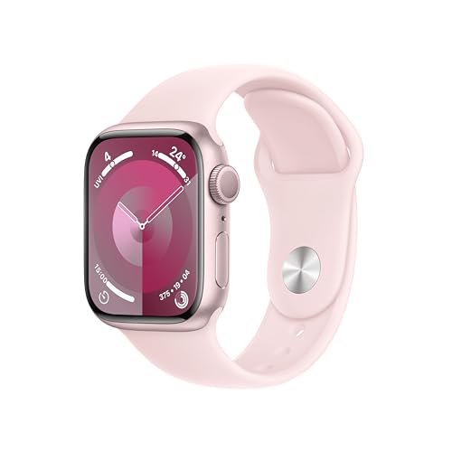 Apple Watch Series 9 [GPS 41mm] Smartwatch with Pink Aluminum Case with Light Pink Sport Band S/M. Fitness Tracker, Blood Oxygen & ECG Apps, Always-On Retina Display, Water Resistant - Sport Band - 41mm case - Pink/Light Pink - Sport Band S/M - fits 130–180mm wrists