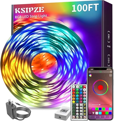 KSIPZE 100ft Led Strip Lights RGB Music Sync Color Changing Bluetooth Led Lights with Smart App Control Remote Led Lights for Bedroom Room Lighting Flexible Home Décor - 100FT