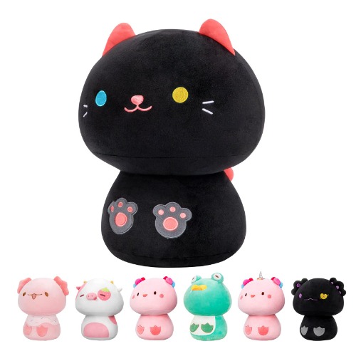 Mewaii 8” Mushroom Plush, Cute Black Cat Plush Pillow Soft Plushies Squishy Pillow, Cat Stuffed Animals Kawaii Plush Toys Decoration Gift for Girls Boys