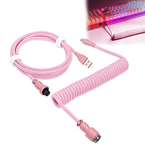 UCINNOVATE Coiled Keyboard Cable, Pro Custom Coiled USB C Cable for Gaming Keyboard, Double-Sleeved Mechanical Keyboard Cable with Detachable Metal Aviator, 1.8M USB-C to USB-A (Pink) - Pink