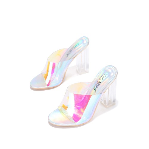 Cape Robbin Fusion Clear Chunky Block High Heels for Women, Transparent Booties for Women - 10 Holographic