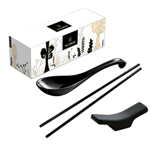 12 Pieces Ramen Set: 4 Black Spoons, 4 Chopsticks And 4 Stand rest. Asian Soup Spoons. Unbreakable Melamine Made. Perfect For Japanese And Chinese Food: Ramen, Wonton, Sushi, Miso, Rice, Pho Soup. - Black 8P