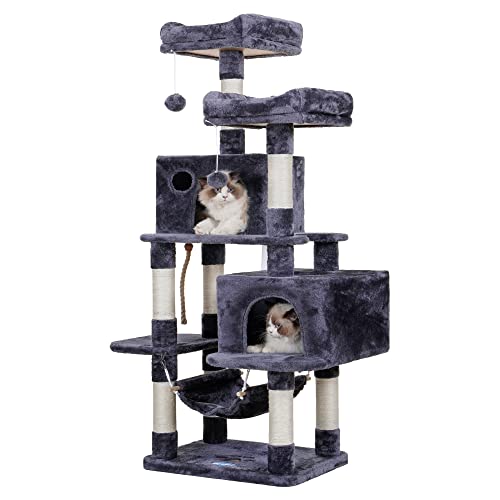Hey-brother Multi-Level Cat Tree Condo Furniture with Sisal-Covered Scratching Posts, 2 Plush Condos, Perch Hammock for Kittens, Cats and Pets, Smoky Gray MPJ020-SG - 19.7"×15.0"×57.1" - Smoky Gray