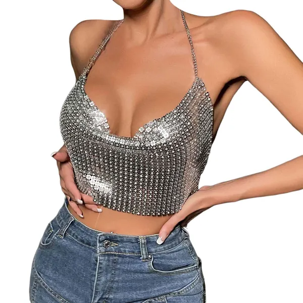 Nyårsaftons outfit damer glitter paljetter crop top nackhållare topp ärmlös linne toppar väst gnistrande camisole blus party rave outfit urholkning magdans toppar