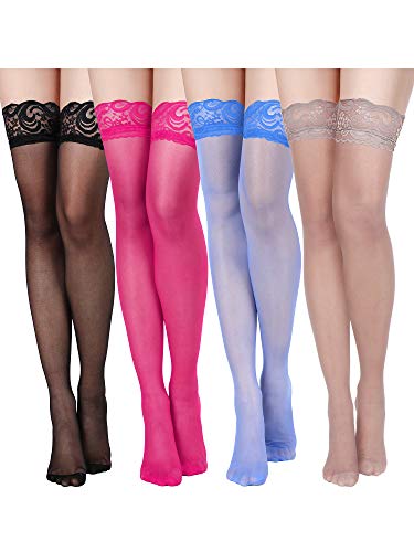 Geyoga 4 Pairs Women Thigh High Stockings Lace Sheer Tights Silky Stockings for Women - Black, Rose Red, Coffee, Royalblue