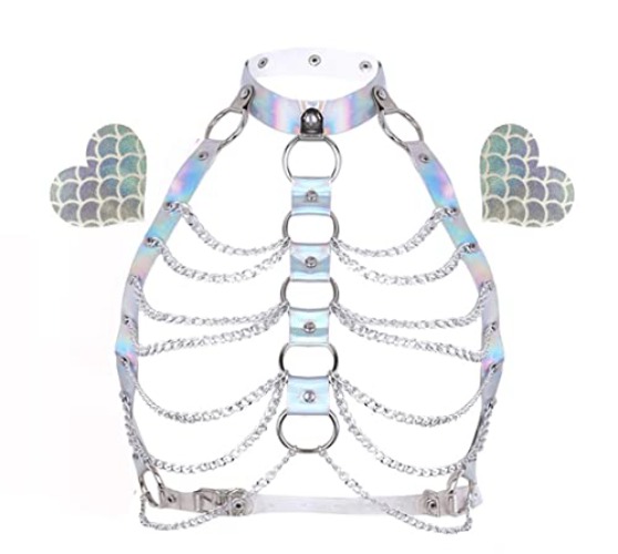Rave Hologram Body Chest Harness Cage Bra Choker Chain Belts Body Costume with Pasties for Music Festival Roleplay Clubwear