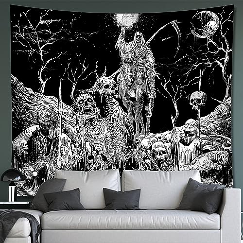 Apdidl Black and White Goth Skull Tapestry for Bedroom, Gothic Skeleton Halloween Wall Tapestries Aesthetic, Horror Ghost Rider Night Sky Moon Dark Wall Hanging Decor for Living Room (51'' x 60'') - 51"X60" - Black Halloween Skull Tapestry