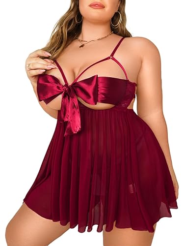 Kaei&Shi Unwrap Me Ribbon, Split Back, Flowy Gifts, 2PC Plus Size Lingerie - 24 Plus - Burgundy