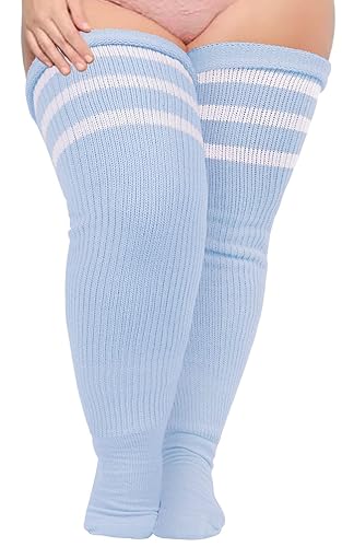 Plus Size Womens Thigh High Socks for Thick Thighs- Extra Long Striped Thick Over the Knee Socks- Leg Warmer Boot Socks - Large Plus - Baby Blue & White