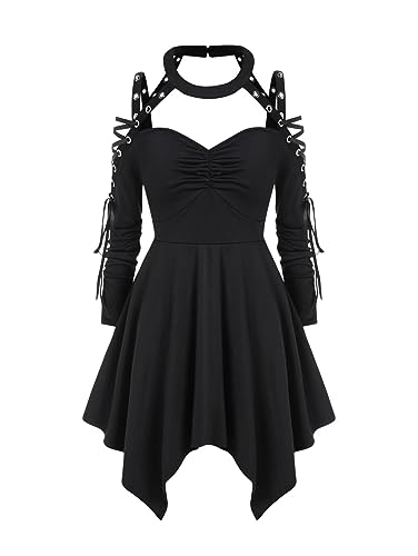 ROSE GAL Rosegal Womens Plus Size Gothic Choker Lace-up Grommets Cutout Handkerchief Hem Cold Shoulder Long Sleeve Tunic Top - Black_3 - 4X