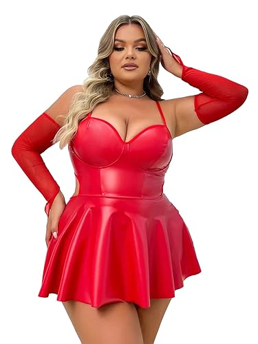 WDIRARA Women's Plus Size PU Leather Ruffle Hem Cut Out Babydoll Lingerie Dress with Oversleeves - 4X-Large - Red