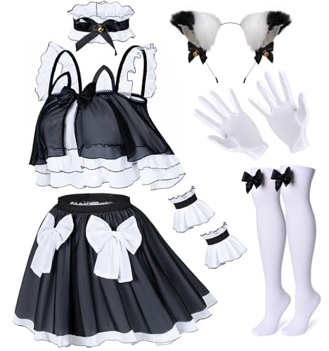 Wannsee Anime Crop-Top Maid Fancy Princess Skirt Cosplay Costume Furry Cat Ear Gloves Socks set - 5X-Large - Black