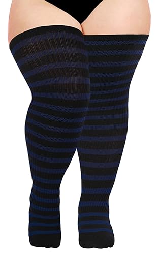 Moon Wood Plus Size Thigh High Socks for Women Knit Cotton Extra Long Halloween Over the Knee High Socks Leg Warmers - One Size Plus - Black & Blue