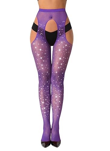 lmotpe Fishnet Stockings for Women Tights Rhinestone Women's Sparkly Stockings High Waist Fishnets - Purple Es 1pcs