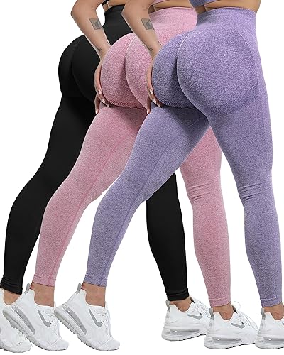 CHRLEISURE 3 Piece Workout Leggings Sets for Women, Gym Scrunch Butt Butt Lifting Seamless Leggings - Medium - 3 Packs - Black/Pink/Purple