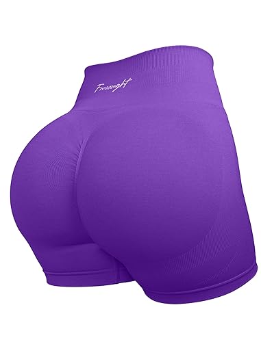 FRESOUGHT Workout Gym Biker Shorts Women High Waisted Seamless Tummy Control Scrunch Butt Lifting Yoga Booty Spandex Shorts - Medium - B02- Violet Indigo