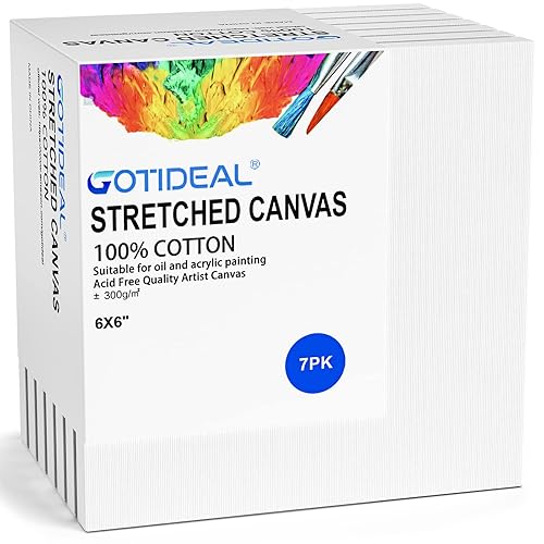 GOTIDEAL Stretched Canvases for Painting, 6x6" Inch Set of 7, Primed White - 100% Cotton Blank Art Square Canvas Boards for Painting for Acrylic Pouring, Oil Paint Dry & Wet Art Media - White - 6"x6"