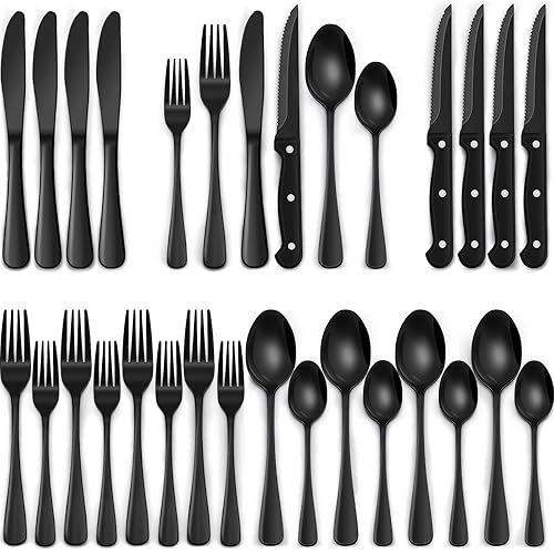 24-Piece Black Silverware Set with Steak Knives, Black Flatware Set for 4, Food-Grade Stainless Steel Tableware Cutlery Set, Mirror Finished Utensil Sets for Home Restaurant - Round Edge