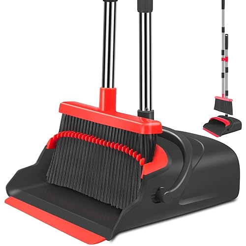 kelamayi Broom and Dustpan Set for Home, Stand Up Broom and Dustpan Combo for Office, Indoor&Outdoor Sweeping (Black&Red) - Black&red