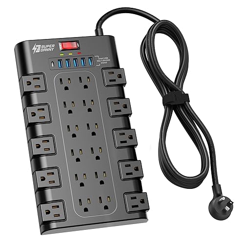 Power Strip Surge Protector, SUPERDANNY 8Ft Long Extension Cord with 6 USB Charging Ports and 22 AC Outlets, 1875W/15A, 2100 Joules, Flat Plug Power Outlet for Home, Office, Dorm, Gaming Room, Black - 8 ft - Black