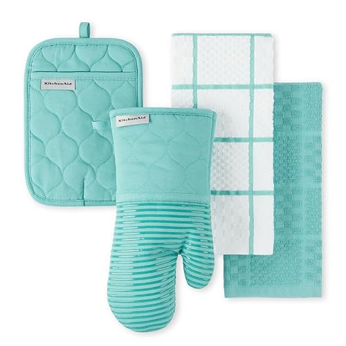 KITCHENAID Quilted Cotton Terry Cloth Oven Mitt, Pot Holder, Kitchen Towel 4-Pack Set, Heat Resistant, Silicone Grip, Gift Set, Aqua Sky, 16"x26", 7"x13" & 7"x10" - 16"x26", 7"x13" & 7"x10" - Aqua Sky