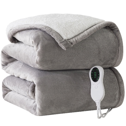 Akimtic Instant Warmth Stitchless Heated Throw Blanket 50"x60", 10 Heat Level Settings Sherpa Heated Blanket, Soft Fleece Electric Throw Blanket, 2/4/6/8hrs Timer Auto Shut Off, Machine Washable, Grey