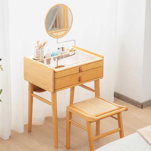 Giantex Bamboo Vanity Set, Makeup Desk with Stool, Dressing Table Set with Storage Alcove, Shelf, Drawers, Adjustable Mirror & Tempered Glass Tabletop, Elegant Dresser Desk for Bedroom, Natural