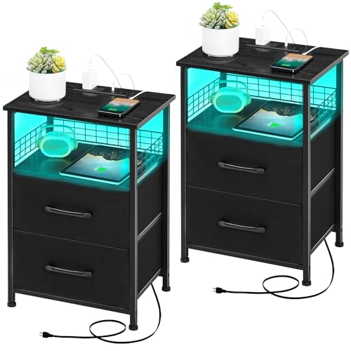 LAKEMID Nightstands Set of 2 with Charging Station, Night Stand with 20 Colors LED Lights and Fabric Drawer, Side Tables Bedroom, End Table with USB Ports and Outlets for Living Room, Office (Black) - Black