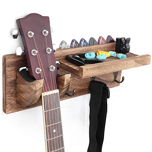 Bikoney Guitar Wall Mount Guitar Hanger Shelf Wood Guitar Hook with Pick Holder and 3 Hooks for Acoustic Electric Guitar, Ukulele, Bass, Guitar Holder Carbonized Black [U.S. Patent] - Carbonized Black