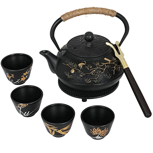 RekRang Longevity Crane Cast Iron Teapot Set Japanese Style Tetsubin Tea Kettle With 4 Cups,Removable Infuser and Trivet Antique cast Iion Teakettle For Stove 800ml 28Ounce…… - Pine Crane Teapot Set