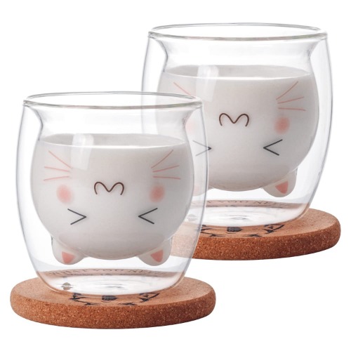 Bgbg Cute Cat Coffee Mug Set of 2, Double Wall Glass Tea Cup Milk Glass Cup Clear Insulated Espresso Mug with Coaster Interesting Gift for You(Cat Mug Set)