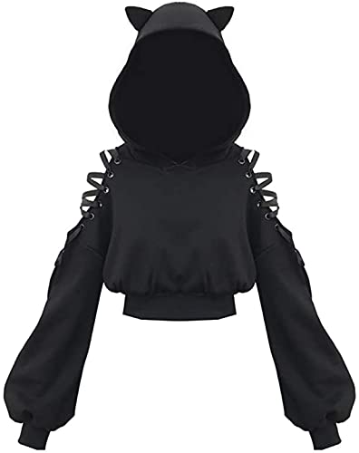 Women Hoodies Long Sleeve Cute Ear Cat Off Shoulder Lace Up Hoodies - Large Black