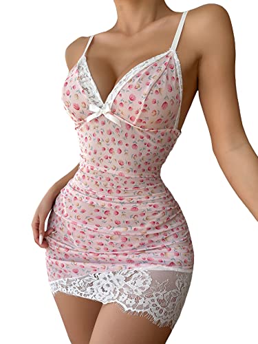 SOLY HUX Sexy Lingerie Set for Women Valentine's Day Gift Babydoll Lingerie Dress Nightgown 2 Piece Lace Pajamas - Large - Pink Floral
