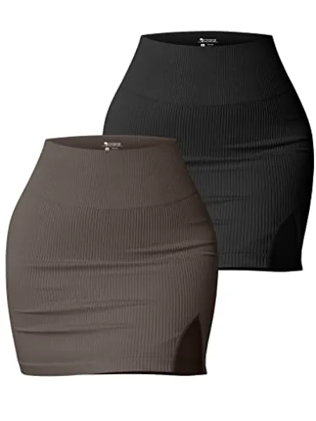 OQQ Women's 2 Piece Skirts Basic Casual Versatile Stretchy Ribbed Split High Waist Mini Skirt