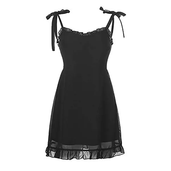 Ho.Volta Goth Dark Sweet Black Summer Mini Dresses Spaghetti Straps Sleeveless Swing Skater Dress Club Party Y2K Streetwear