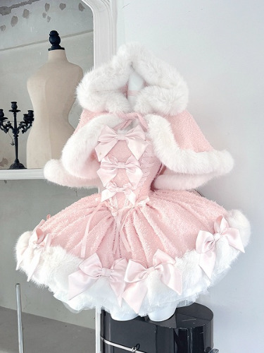 V-Day Pink Bows Decorated Plush Neckline and Hemline Boning Dress + Cape Full Set