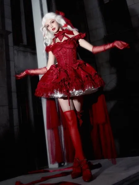Robe de princesse corset rouge à lacets, col licou détachable, Lolita OP
