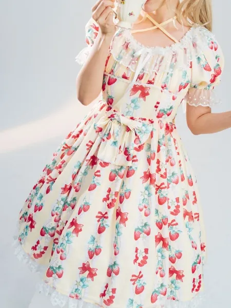 Yellow Kawaii Summer Dress Strawberry Print Lolita Sweet OP + HC