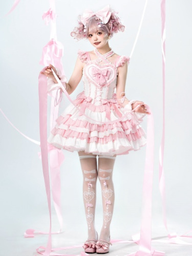 White and Pink Heart Neckline Hime Tiered Ruffles Jumper Skirt