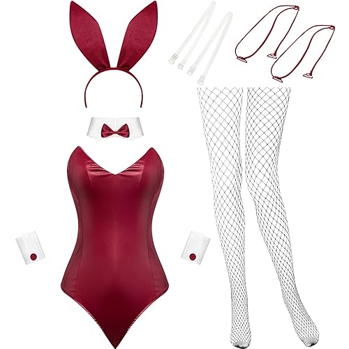 Geyoga Anime Women Bunny Costume Bunny Outfit Halloween Cosplay Bodysuit Role Costume Bunny Headband Stocking Set - S - Wine Red