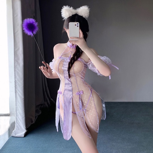 Sheer Mesh Polka Dot Chinese Lingerie - Purple / S