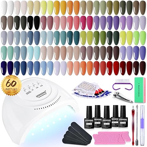 JODSONE 60 PCS Gel Nail Polish Kit with U V Light 55 Colors No Wipe Beautiful Colors Nail Gel Polish Base Top Coat Manicure Gifts for Salon and at Home - 60KIT 06