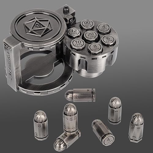 CZYY Metal Polyhedral Bullet Dice Set of 7 with Spinning Revolver Cylinder Container - Cyberpunk Style Dice for Warhammer 40K, D&D, Sci-Fi, War, or Crime Theme Tabletop Games (Silver) - Silver