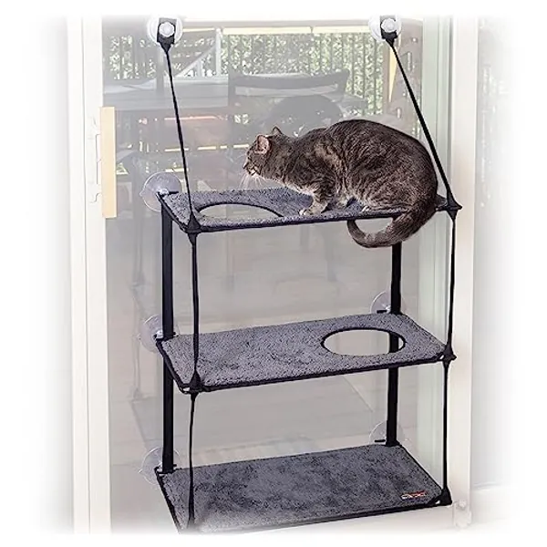 K&H Pet Products EZ Mount Window Sill Cat Bed, Cat Window Hammock, Sturdy Cat Window Perch for Large Cats, Cat Window Bed Cat Furniture, Cat Hammock for Window Cat Perch Cat Shelf - Triple Stack Gray