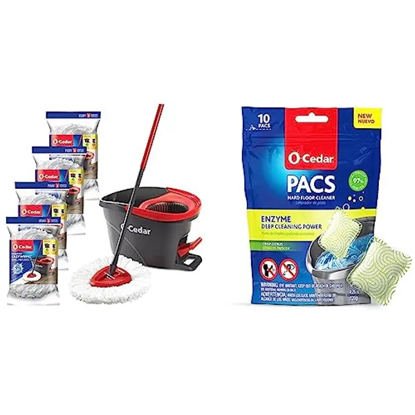 O-Cedar Easywring Microfiber Spin Mop & Bucket Floor Cleaning System Bundle with 4 Extra Refills and O-Cedar PACS Hard Floor Cleaner