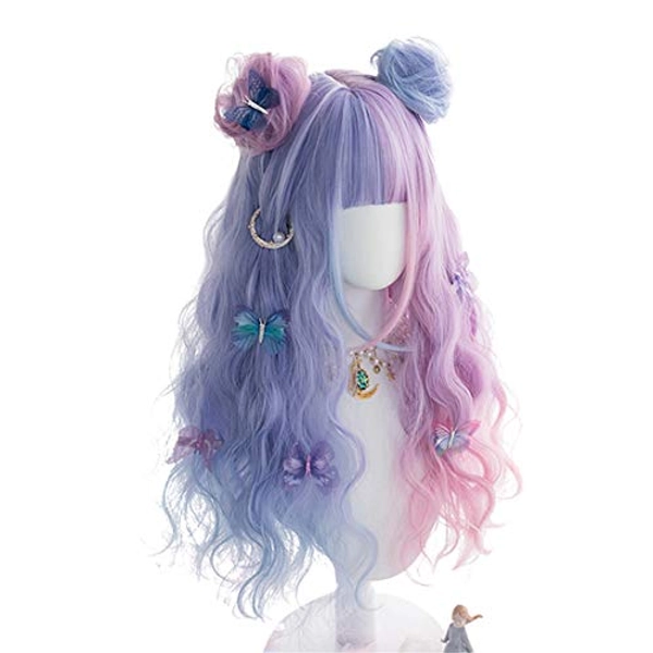 KONNIQIWA Lolita Wig Purple Mixed Blue 25.5 inch Long Curly Bangs Cosplay Party Wigs for Women Girls (Wig+Buns)