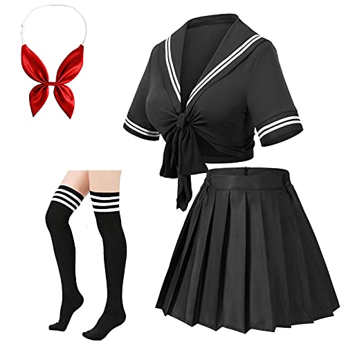 Elibelle Japanese Anime Schoolgirl Classic Sailor JK Harajuku Crop Top Tie up Pleated Skirt Uniform Seifuku Socks Bow set - XX-Large - Black