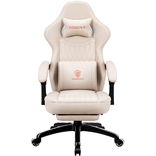 Dowinx Gaming Stuhl mit Frühling Kissen,Racing Gamer Stuhl mit Massage Lendenwirbelstütze, Ergonomischer Gaming Sessel mit Fußstütze Bürostuhl PU Leder Weiß - Elfenbein Weiß