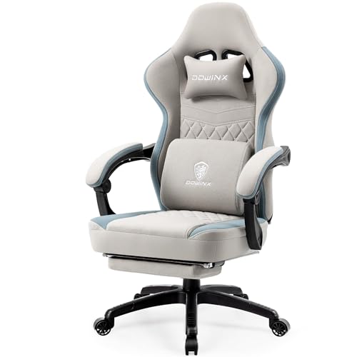 Dowinx Gaming Stuhl Stoff mit Gel-Pad, Massage Gaming Sessel mit Fußstütze, Ergonomischer PC Stuhl Gamer Stuhl mit Aufbewahrungstasche, Bürostuhl 150 kg Belastbarkeit, Grau - Grau